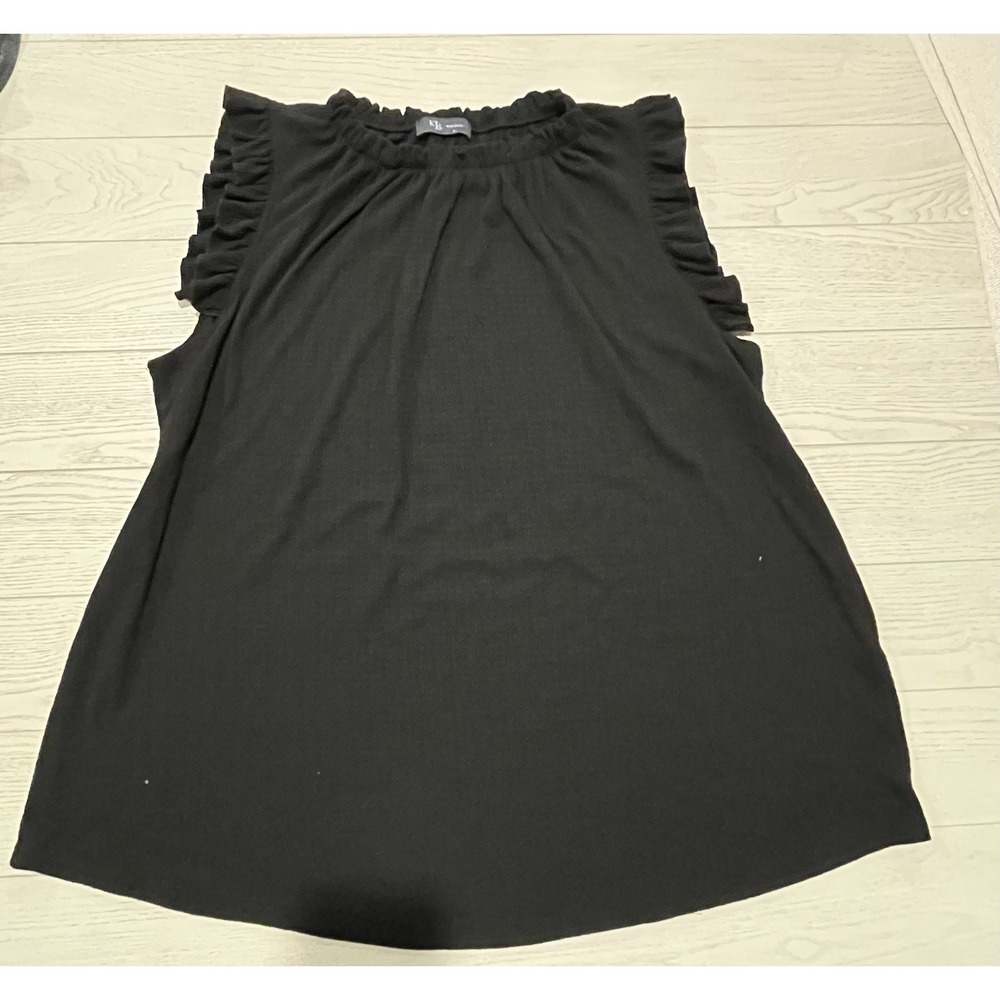 KLD Black Sleeveless Ruffle Blouse L Round Neck Pullover Solid